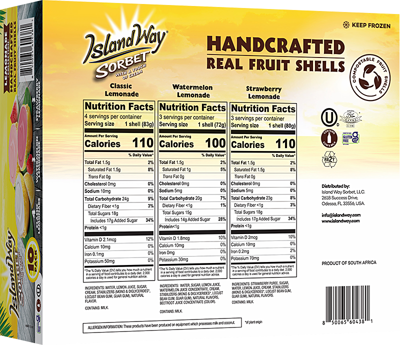 Island Way Sorbet: Lemonade Variety 10-Pack Nutritional Info