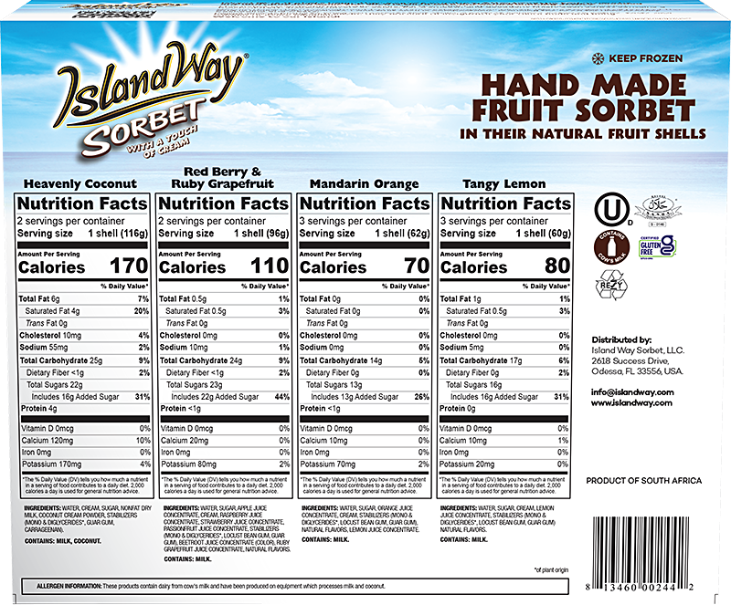 Island Way Sorbet:  Variety 10-Pack Nutritional Info
